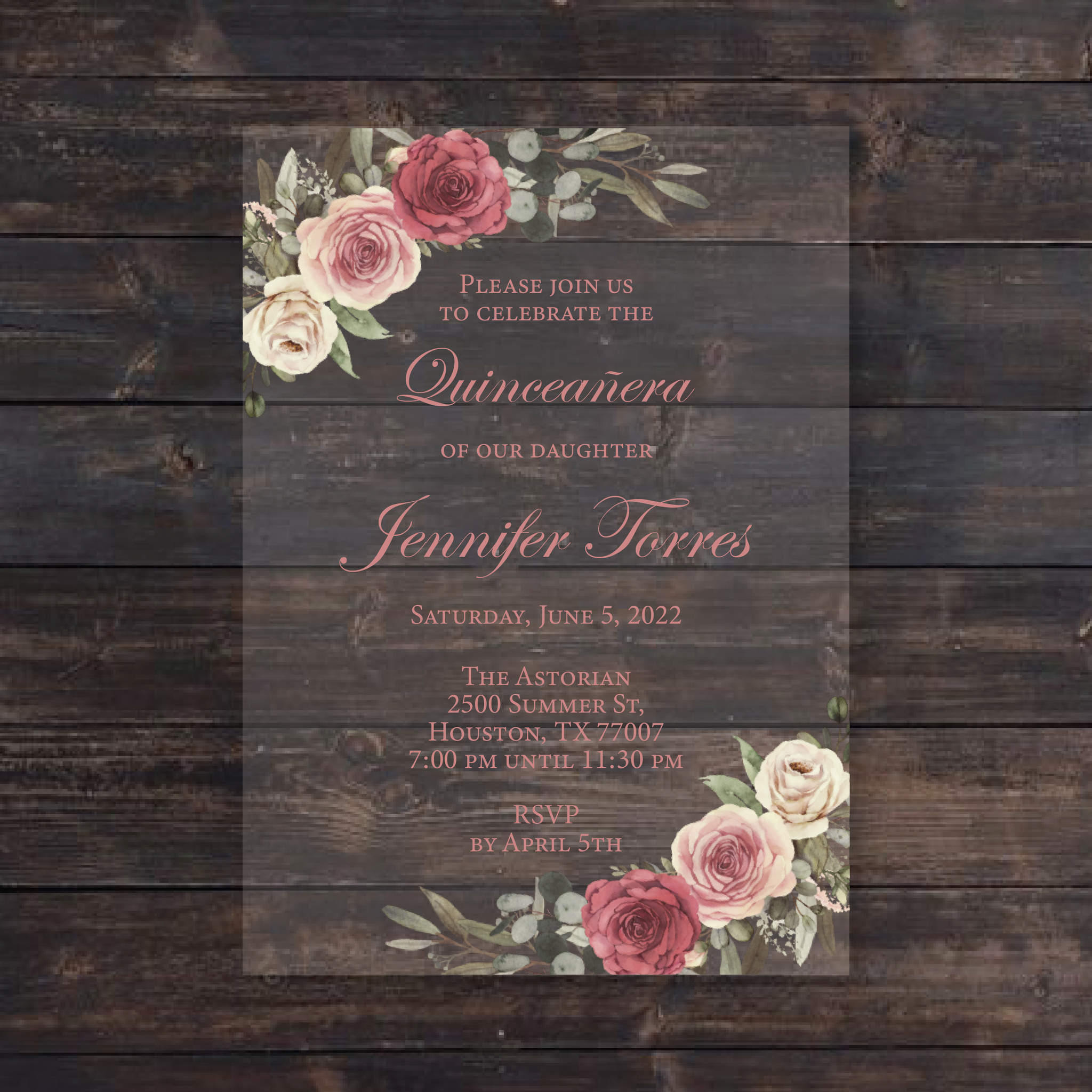 Dusty Rose Pink Floral Quinceanera Acrylic Invitation