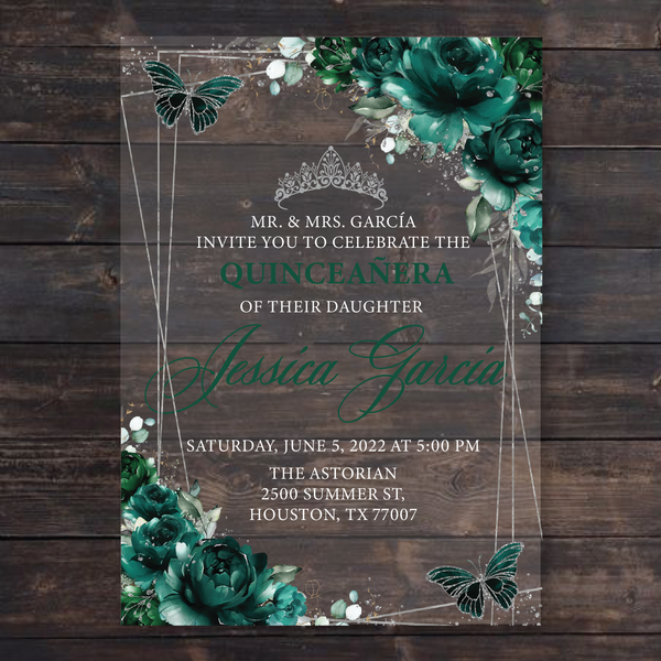 Emerald Green Butterflies and Silver Geometric Acrylic Invitations
