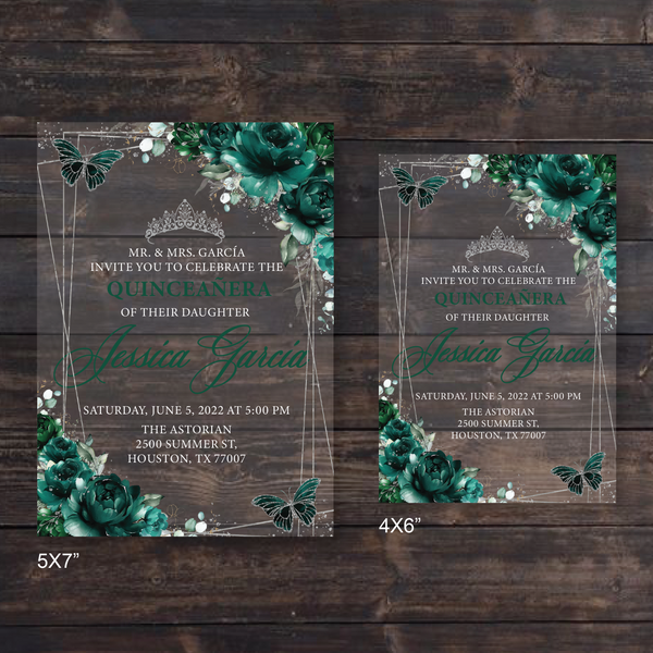 Emerald Green Butterflies and Silver Geometric Acrylic Invitations