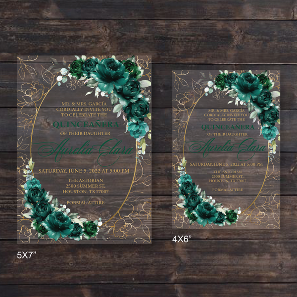 Emerald Green Floral Oval and Gold Rose Outline Acrylic Invitations