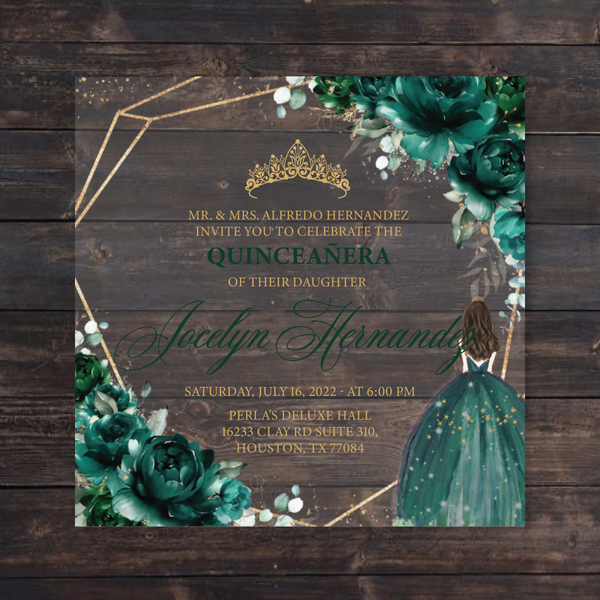 Emerald Green Floral and Gold Square Acrylic Invitation