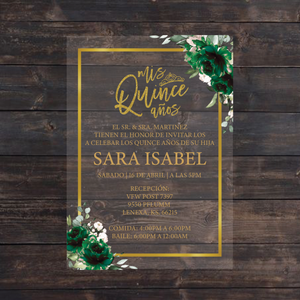 Emerald Green Florals and Gold Quinceanera Frame Acrylic Invitation