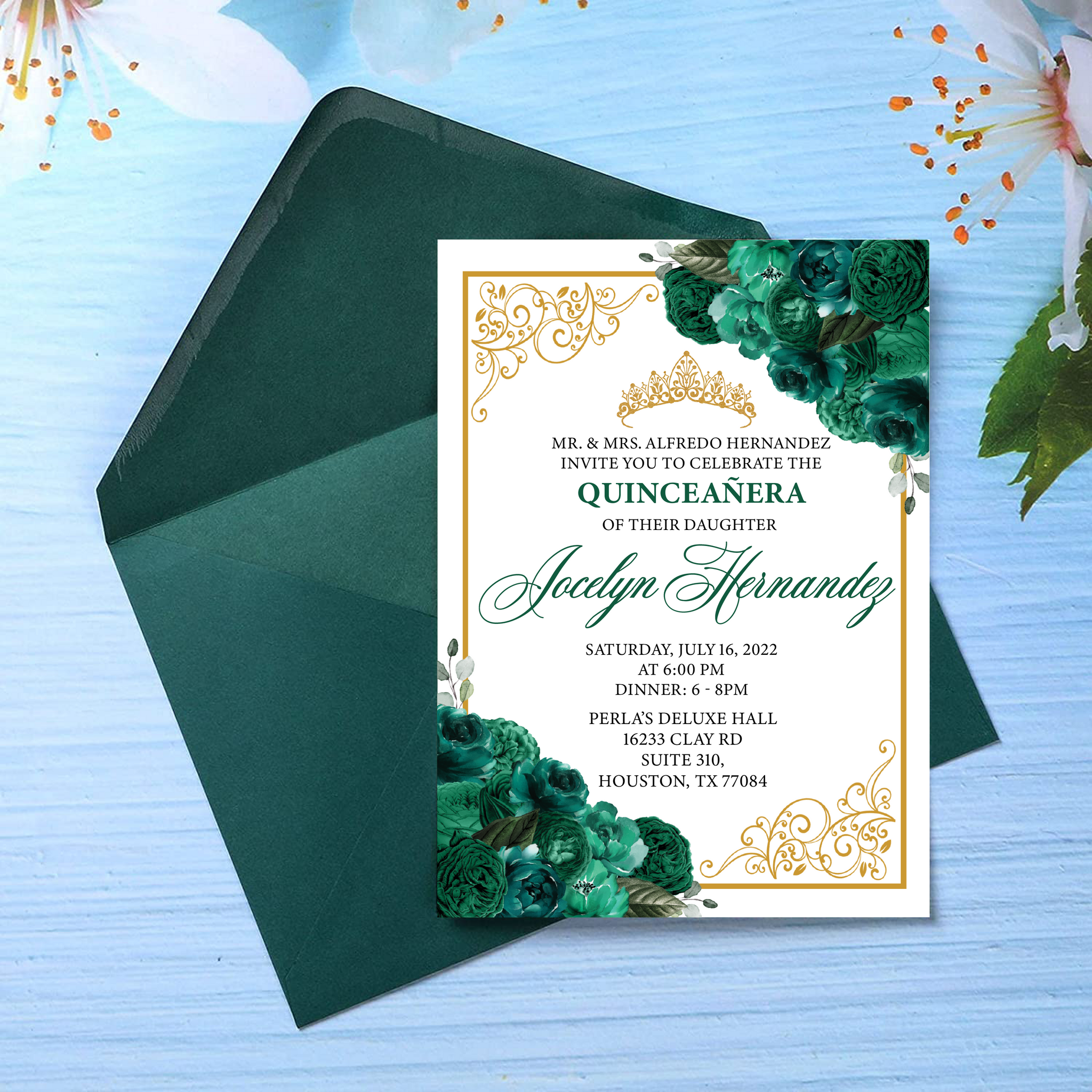 Emerald Green Floral and Gold Frame 5X7 Cardstock Invitation