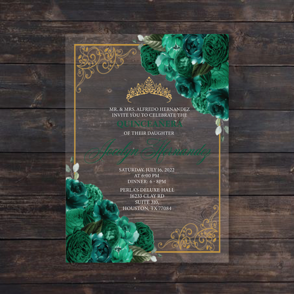 Emerald Green and Gold Frame Acrylic Invitation