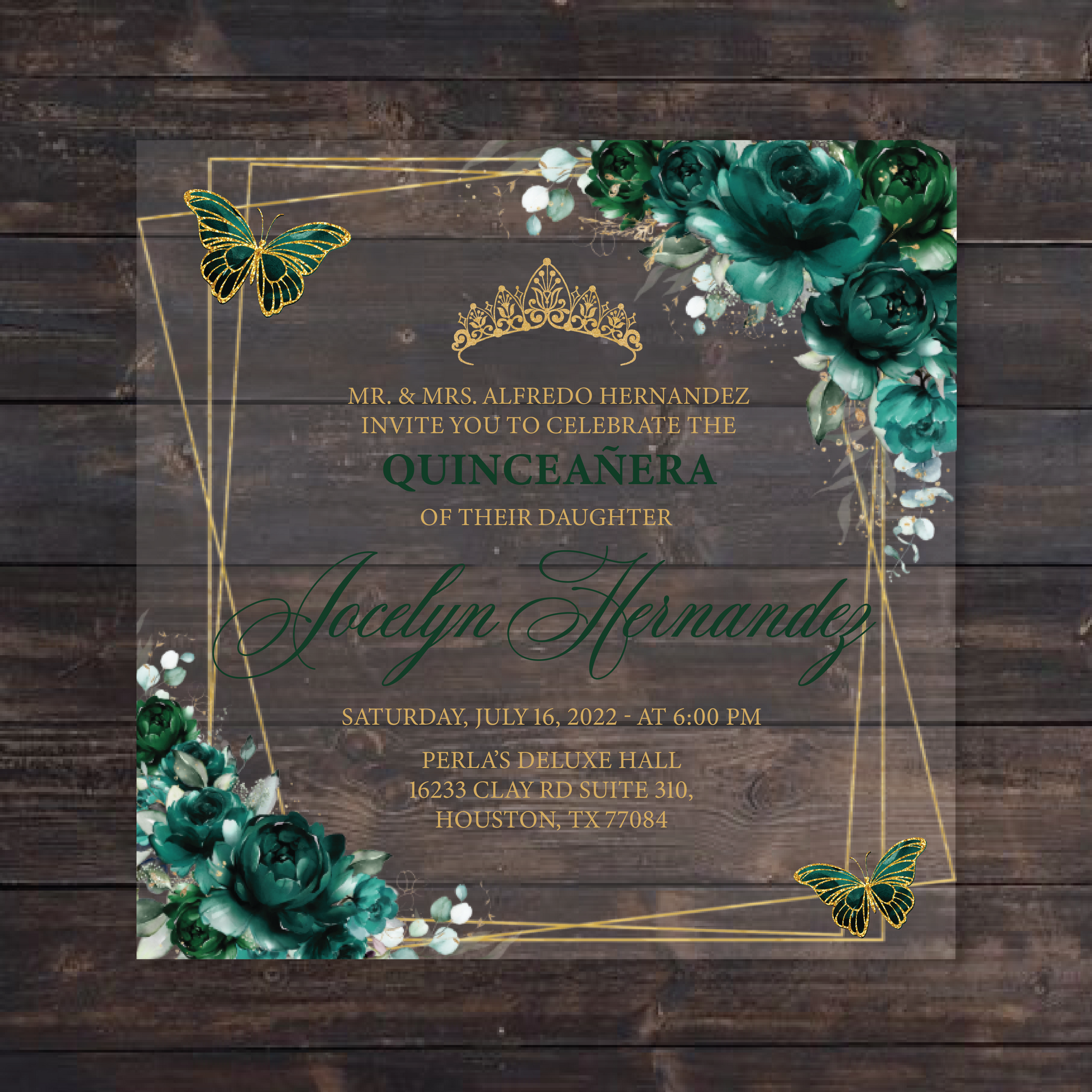 Emerald Green and Gold Frame with Butterflies Square Acrylic Invitatio –  Invitations by Luis Sanchez