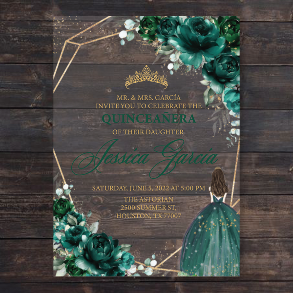 Emerald Green and Gold Geometric Quinceanera Acrylic Invitations
