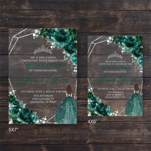 Emerald Green and Silver Geometric Quinceanera Acrylic Invitations