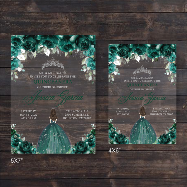 Emerald Green and Silver Quinceanera Dress Acrylic Invitations