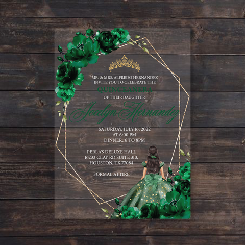 Emerald Green Floral and Geometric Gold Acrylic Invitation