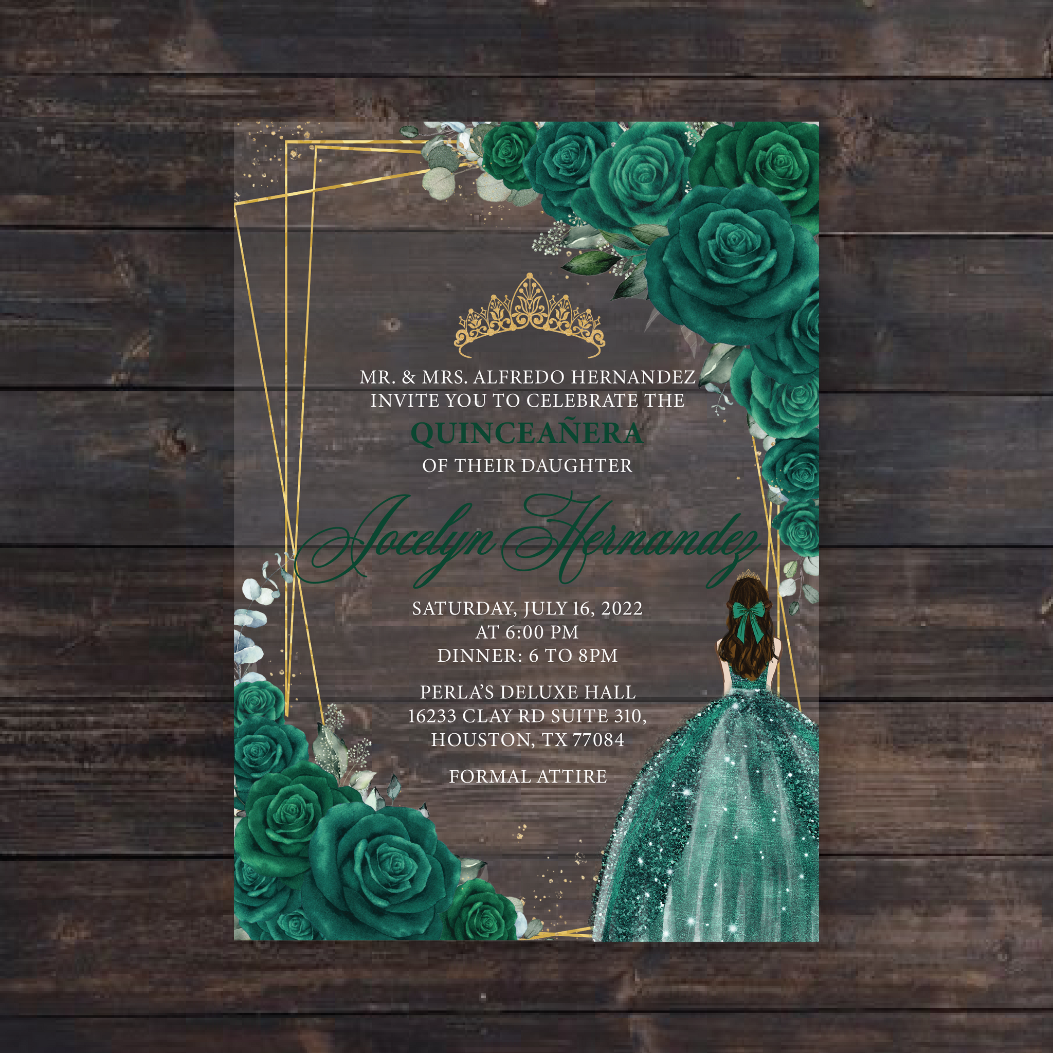 Emerald Green Roses and Geometric Gold Frame Acrylic Invitation