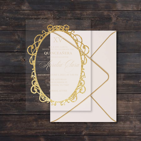 Gold Glitter Frame and Ivory Acrylic Invitation