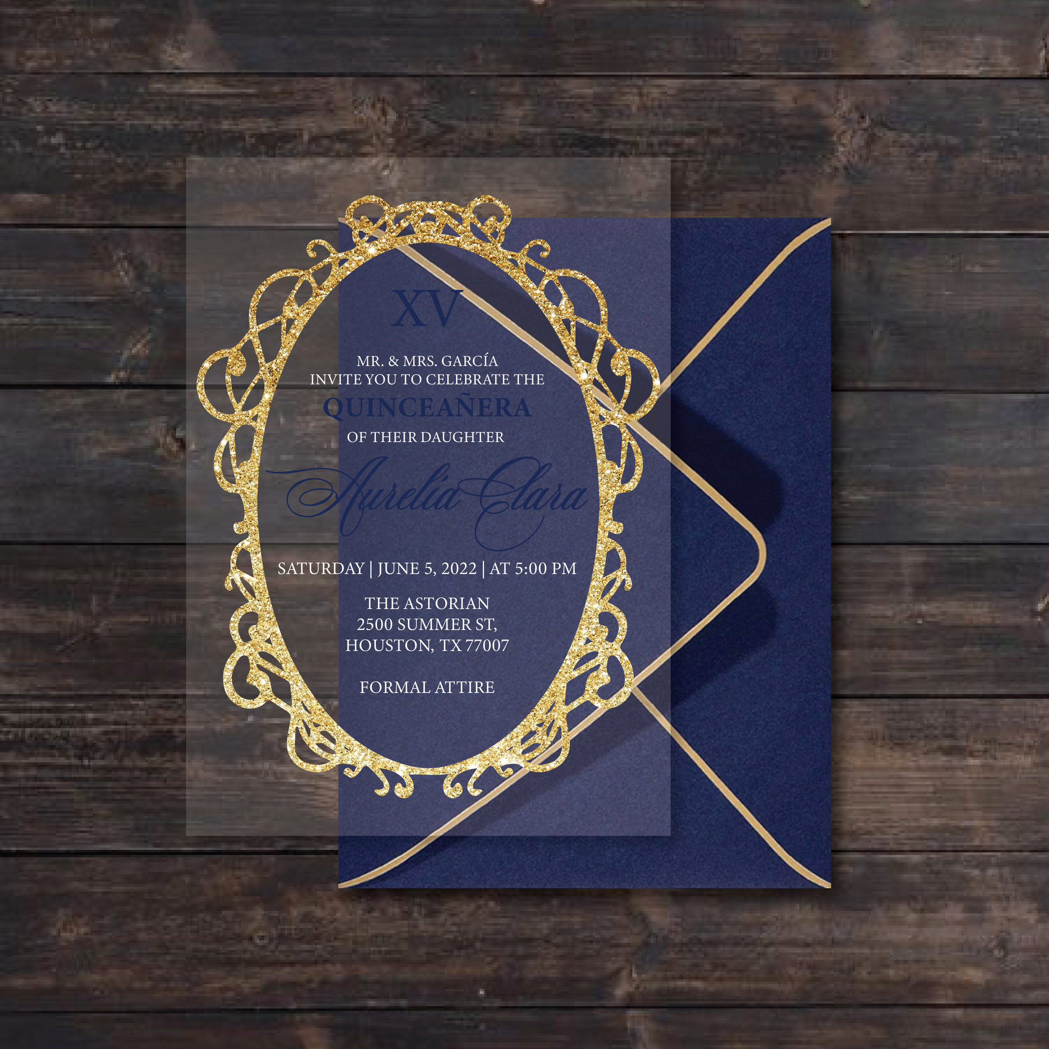 Gold Glitter Frame and Navy Blue Acrylic Invitation