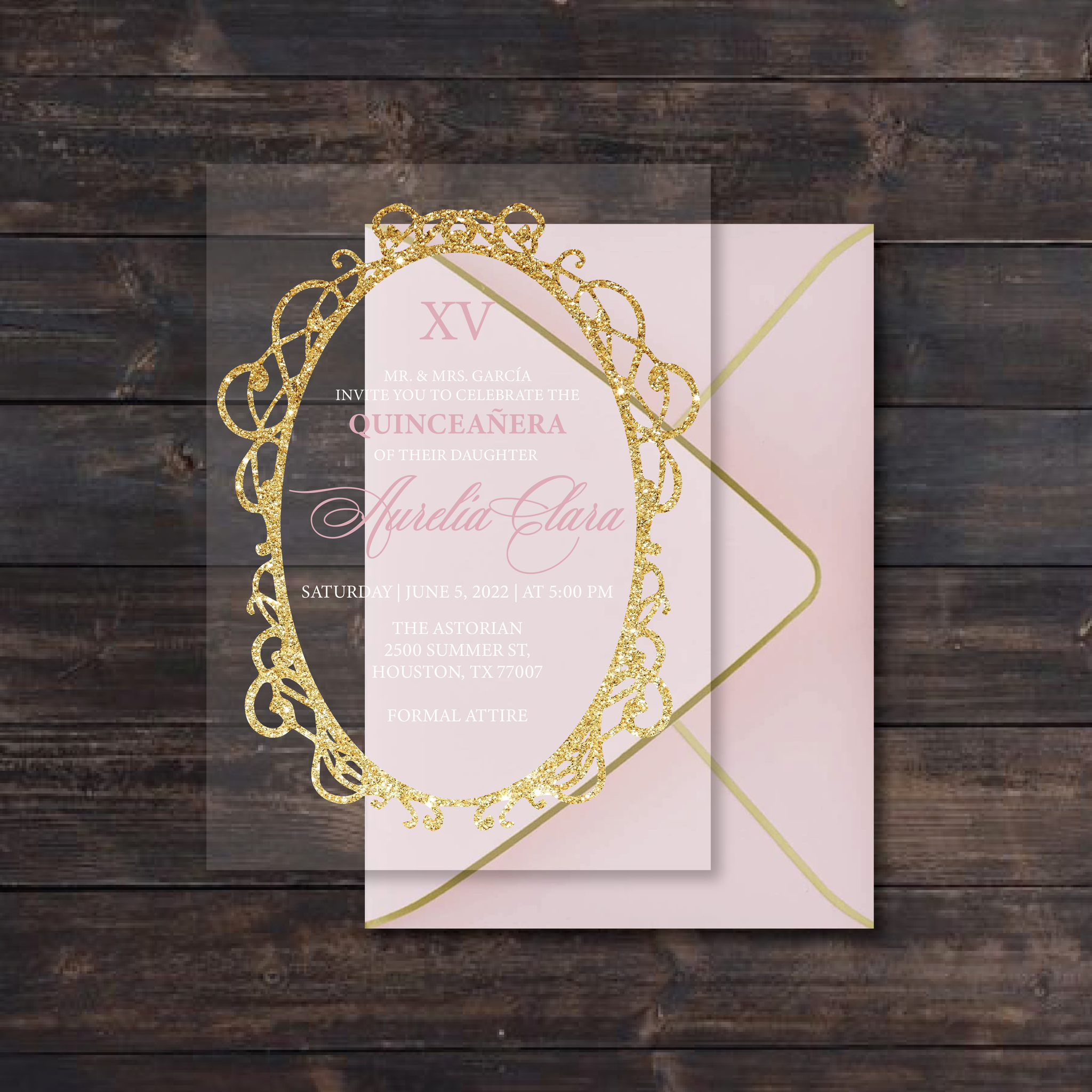 Gold Glitter Frame and Pink Acrylic Invitation