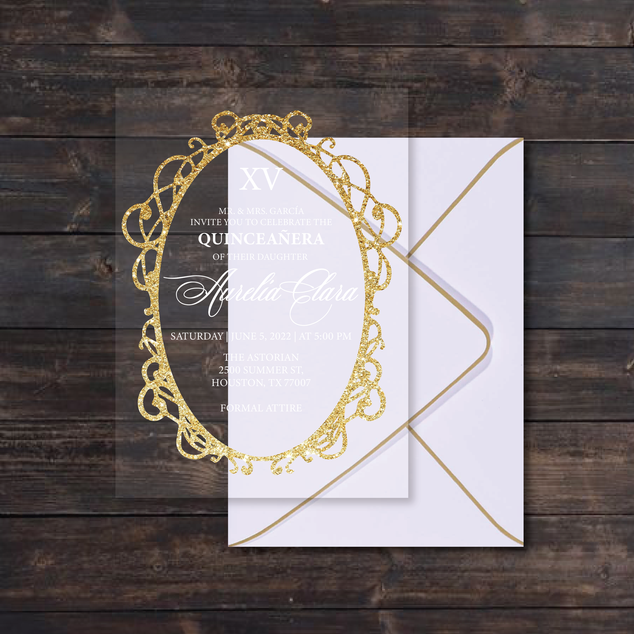 Gold Glitter Frame and White Acrylic Invitation
