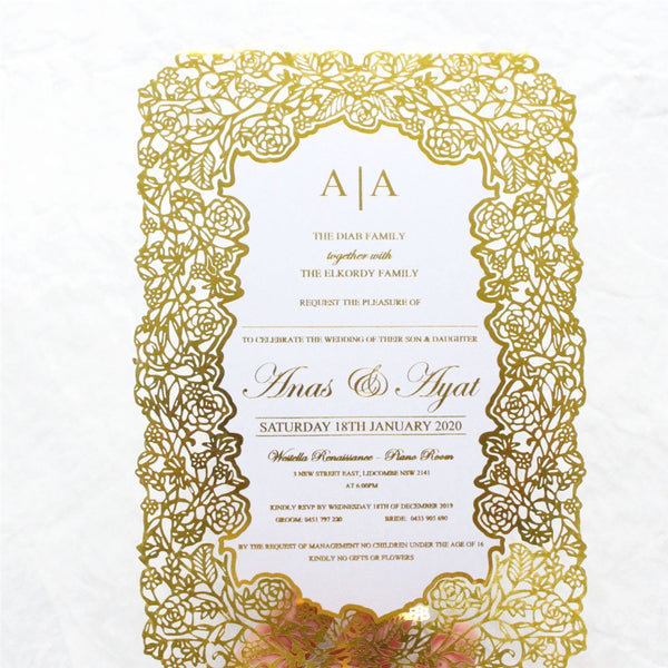 Floral Gold Foiled Laser Cut Card Invitation