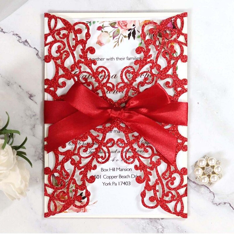 Red Glitter with Ribbon Laser Cut Invitation – Invitations by Luis Sanchez