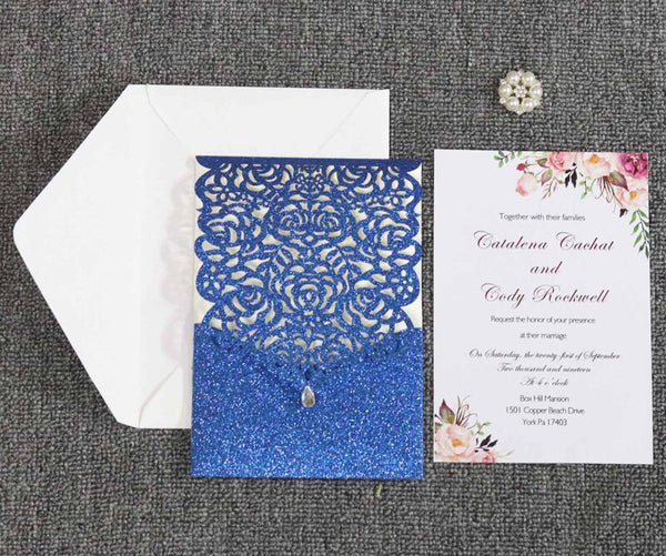 Royal Blue Glitter Rose Floral Laser Cut Pocket Invitation