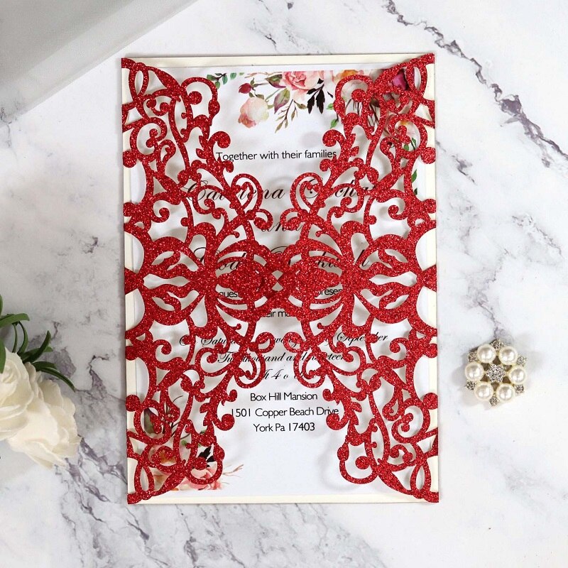 Red Glitter with Ribbon Laser Cut Invitation – Invitations by Luis Sanchez