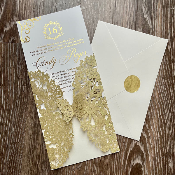 Gold Glitter Butterfly Laser Cut Invitations with Gold Foiled Inserts