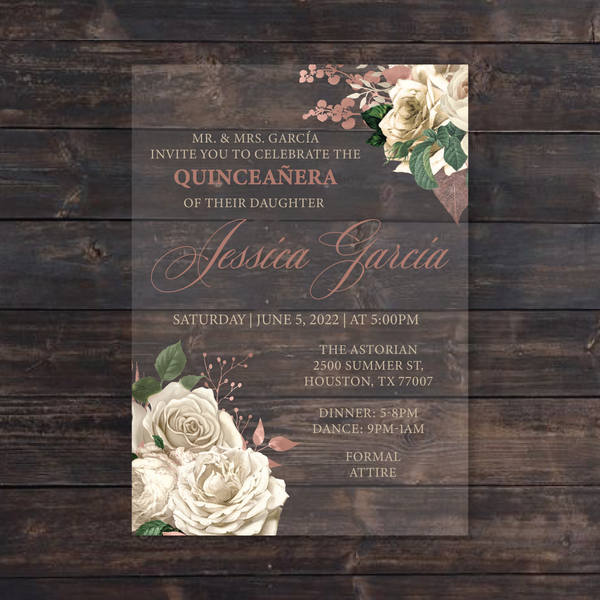 Ivory Floral and Rose Gold Acrylic Invitation