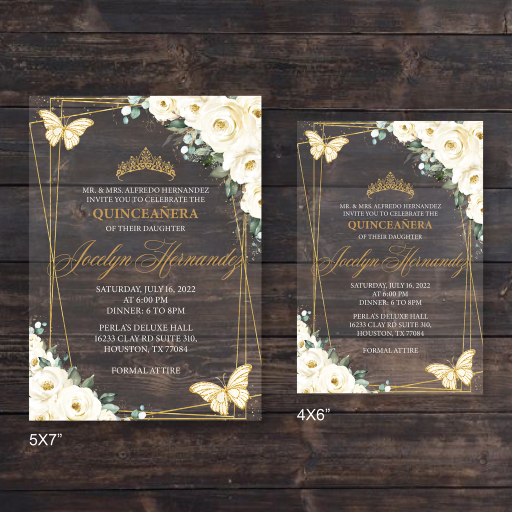Black Floral Butterflies and Gold Geometric Acrylic Invitations –  Invitations by Luis Sanchez
