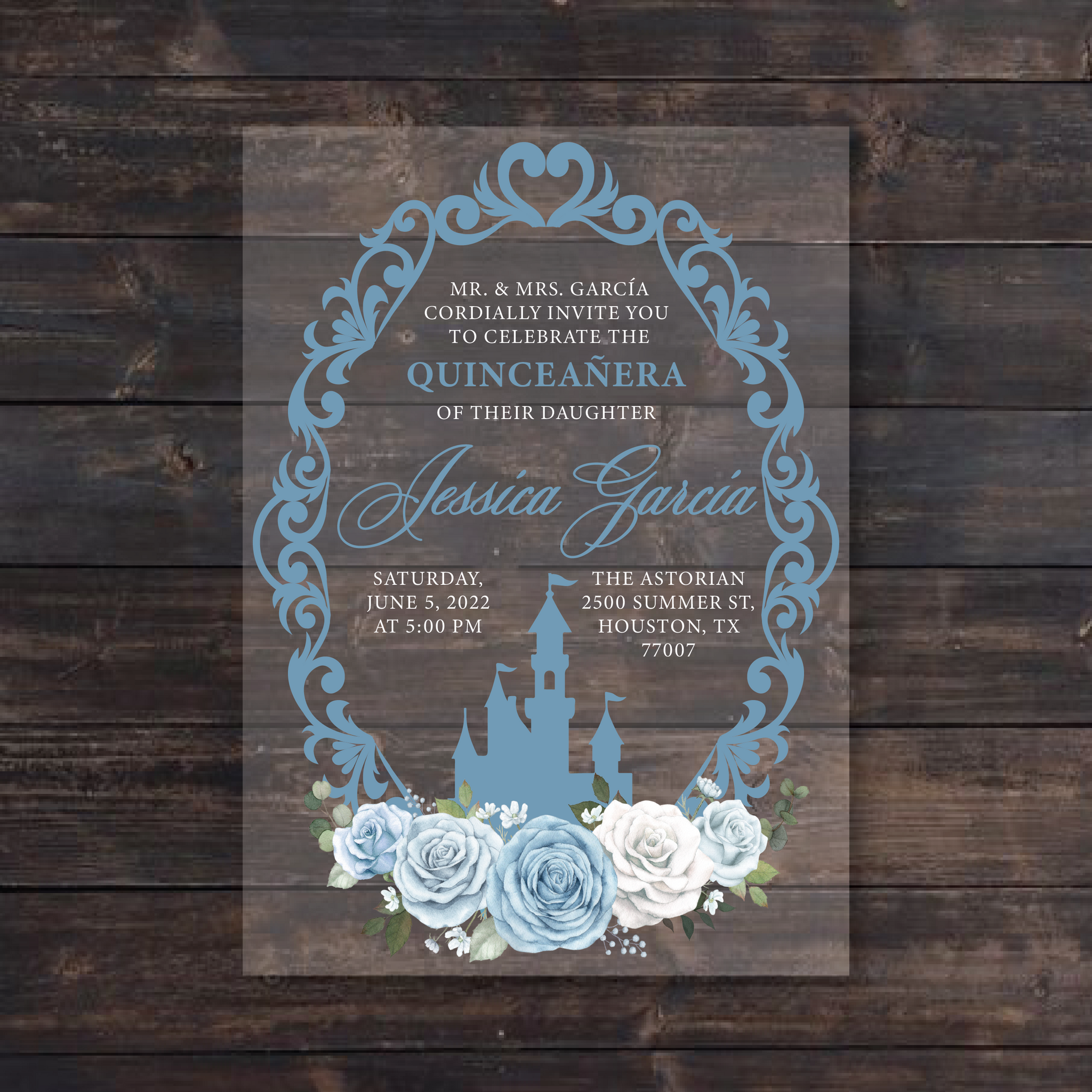 Light Blue Cinderella Castle Floral Frame Acrylic Invitation