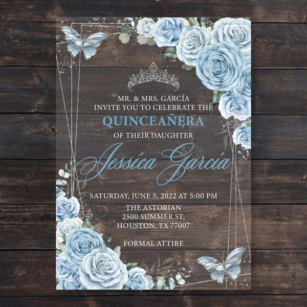 Light Blue Floral Butterflies and Silver Geometric Acrylic Invitation