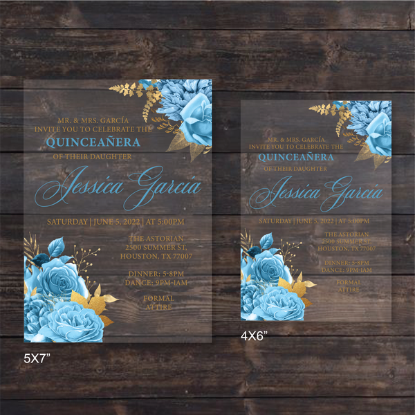 Light Blue and Gold Floral Acrylic Invitation