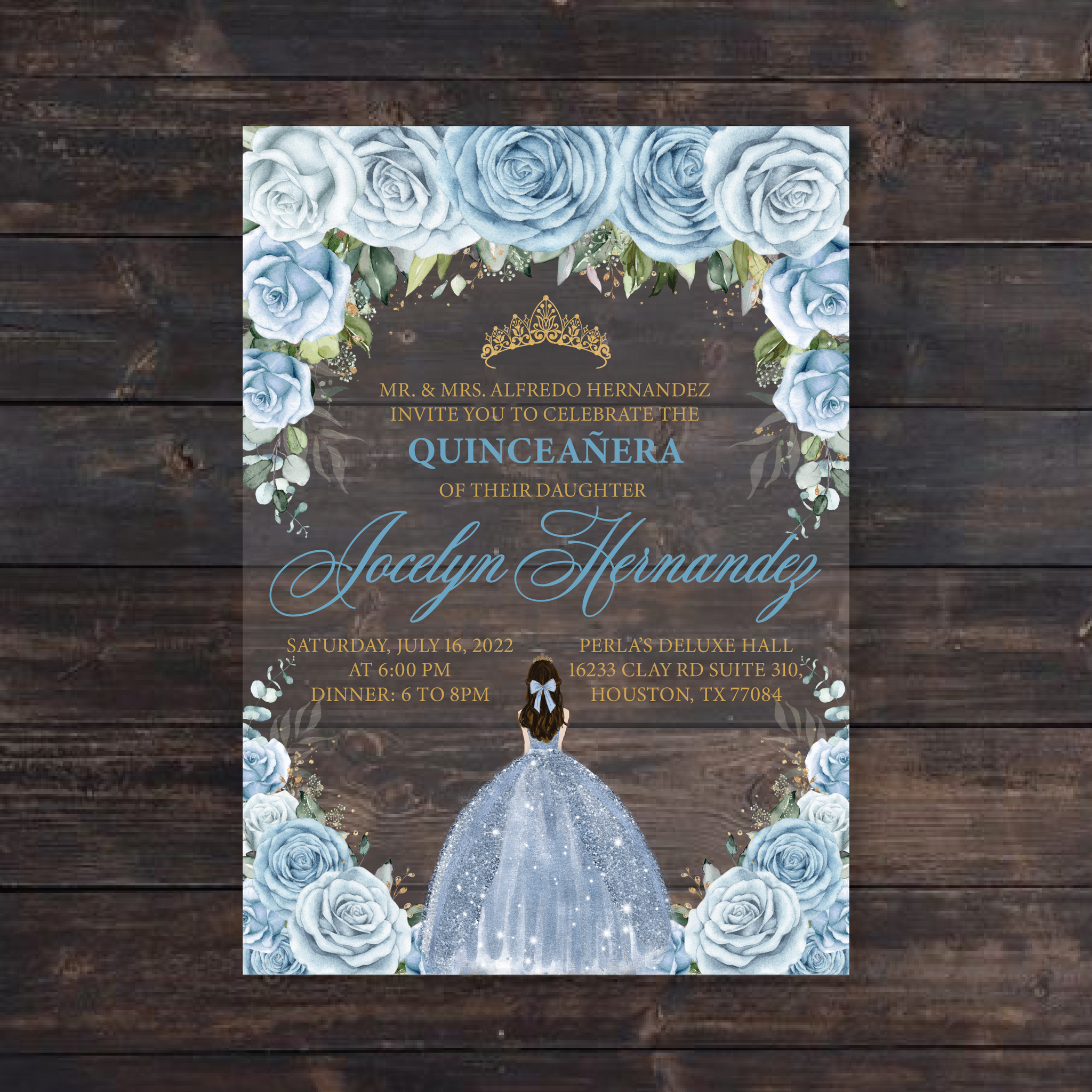Light Blue and Gold Quinceanera Dress Acrylic Invitation
