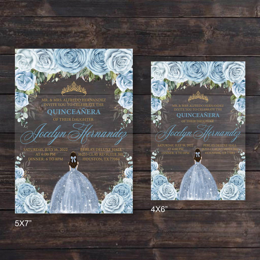 Light Blue and Gold Quinceanera Dress Acrylic Invitation Invitations by Luis Sanchez Light Blue and Gold Quinceanera Dress Acrylic Invitation Invitations by Luis Sanchez