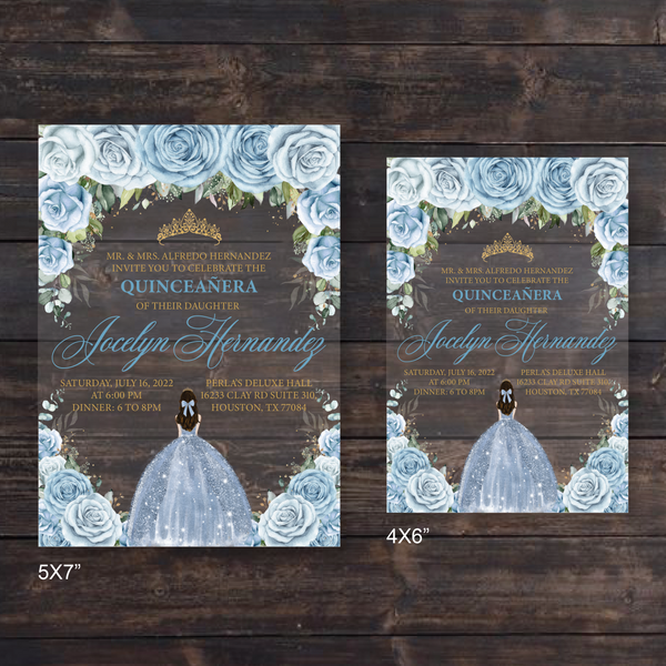 Light Blue and Gold Quinceanera Dress Acrylic Invitation