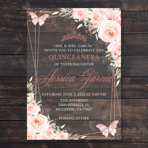 Light Pink Floral Butterflies and Rose Gold Geometric Acrylic Invitations