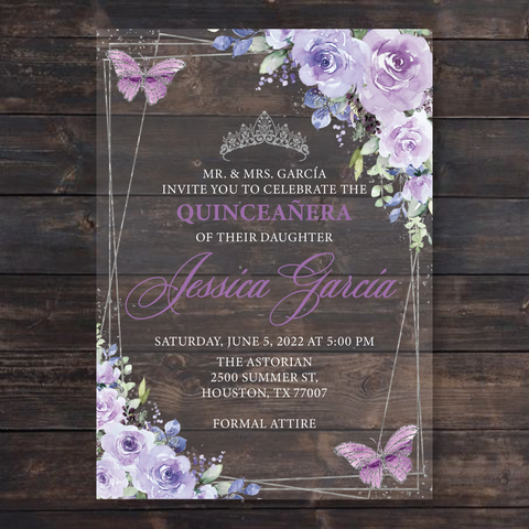 Light Purple Floral Butterflies and Silver Geometric Acrylic Invitation