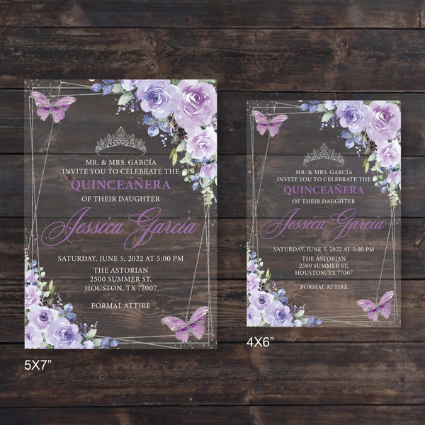 Light Purple Floral Butterflies and Silver Geometric Acrylic Invitation