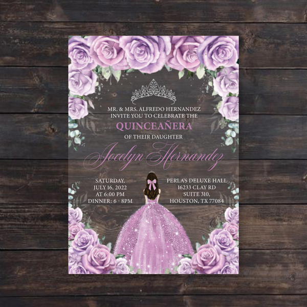 Light Purple Floral Roses & Silver Crown Quinceanera Acrylic Invitation