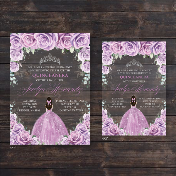 Light Purple Floral Roses & Silver Crown Quinceanera Acrylic Invitation