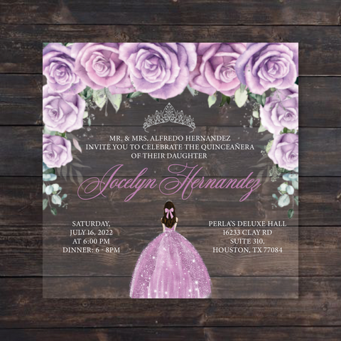 Light Purple Floral Roses & Silver Crown Quinceanera Square Acrylic Invitation