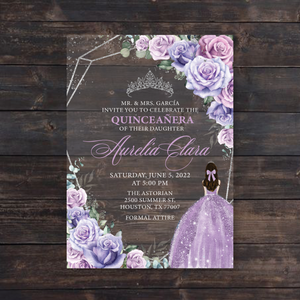 Light Purple Floral and Silver Geometric Quinceanera Acrylic Invitations