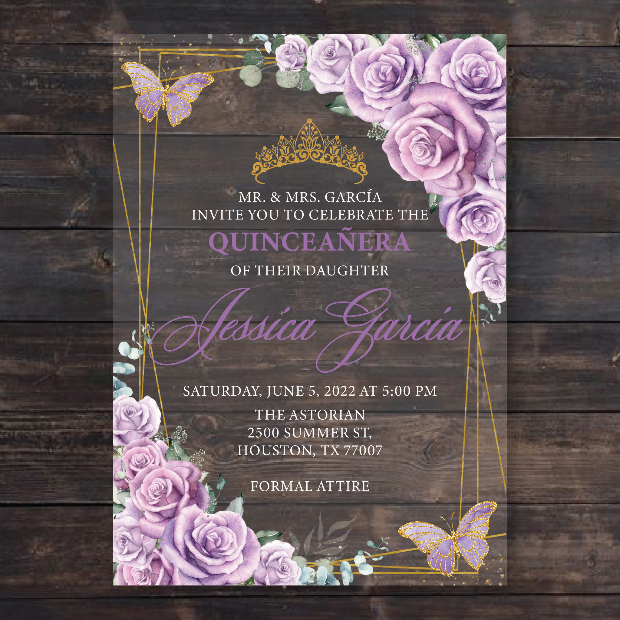 Light Purple Roses Butterflies and Gold Geometric Acrylic Invitations