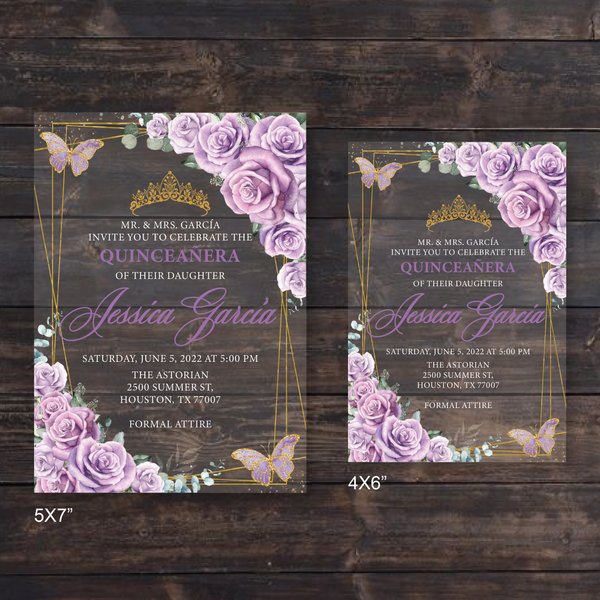 Light Purple Roses Butterflies and Gold Geometric Acrylic Invitations