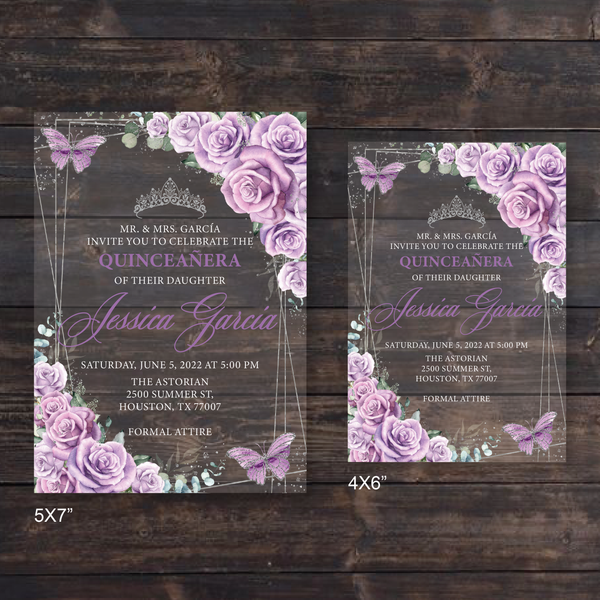 Light Purple Roses Butterflies and Silver Geometric Acrylic Invitations