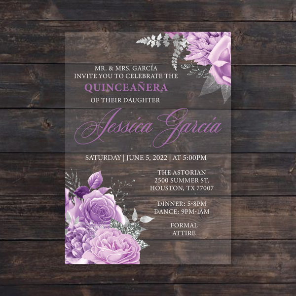 Light Purple and Silver Floral Acrylic Invitation
