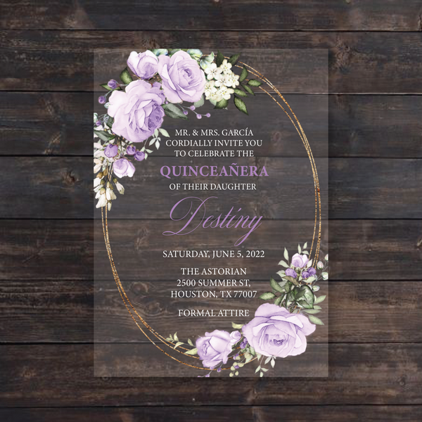 Lilac Florals with Gold Round Frame Acrylic Invitation