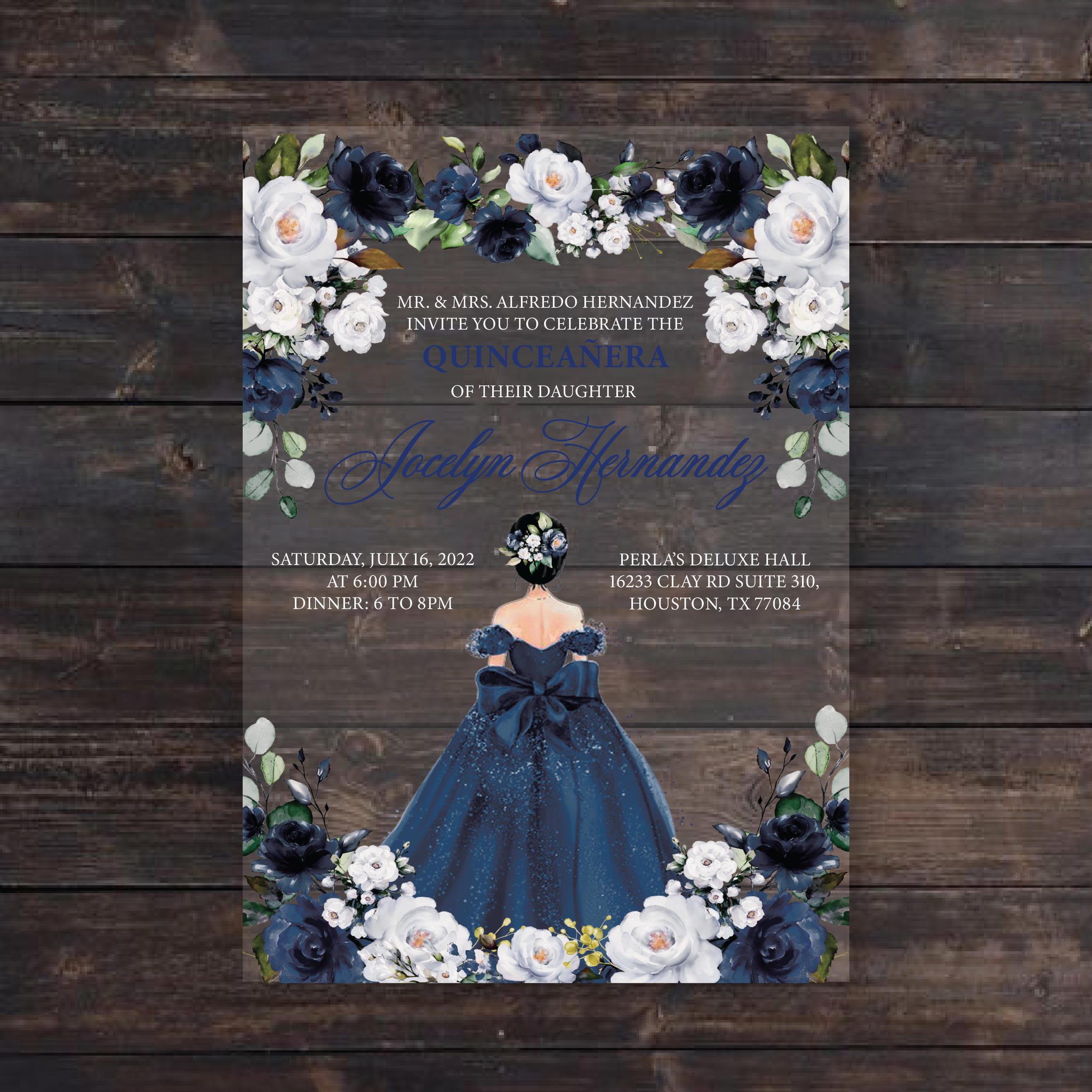 Navy Blue Floral Quinceanera Acrylic Invitation