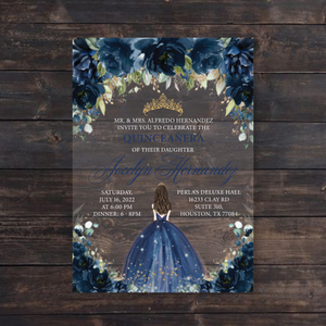 Navy Blue Floral Roses & Gold Crown Quinceanera Acrylic Invitation