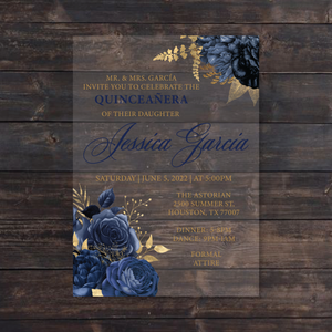 Navy Blue and Gold Floral Acrylic Invitation