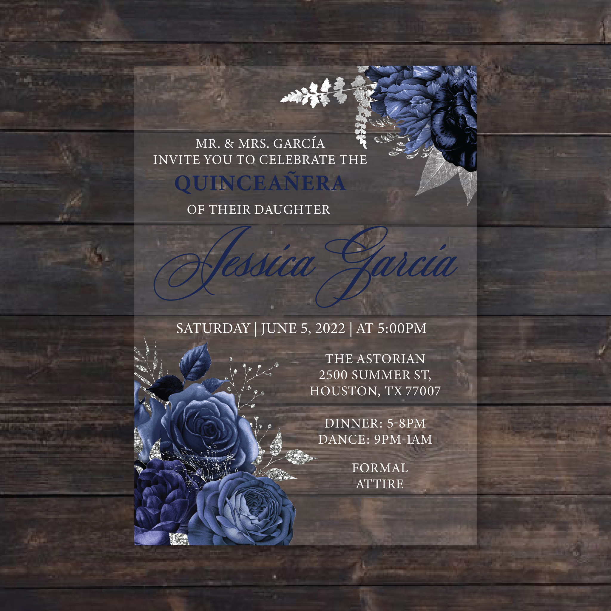 Navy Blue and Silver Floral Acrylic Invitation
