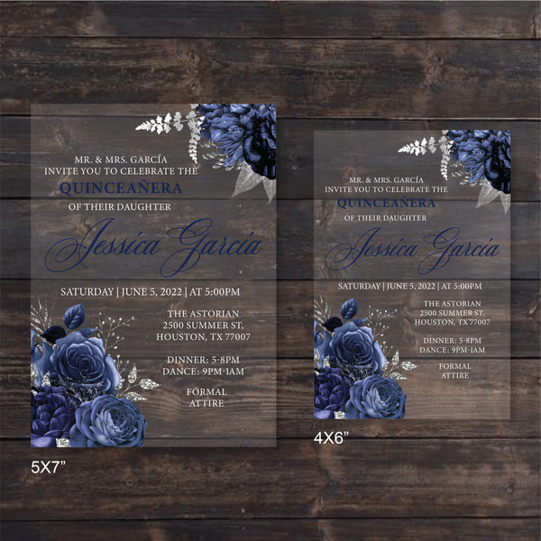 Navy Blue and Silver Floral Acrylic Invitation