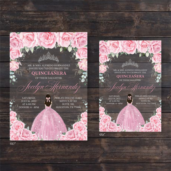 Pink Floral Roses & Silver Crown Quinceanera Acrylic Invitation