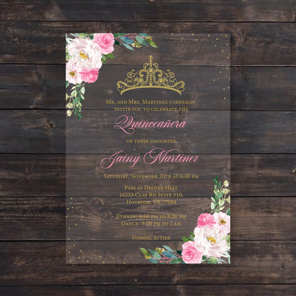 Pink Floral and Gold Crown Quinceanera Acrylic Invitation